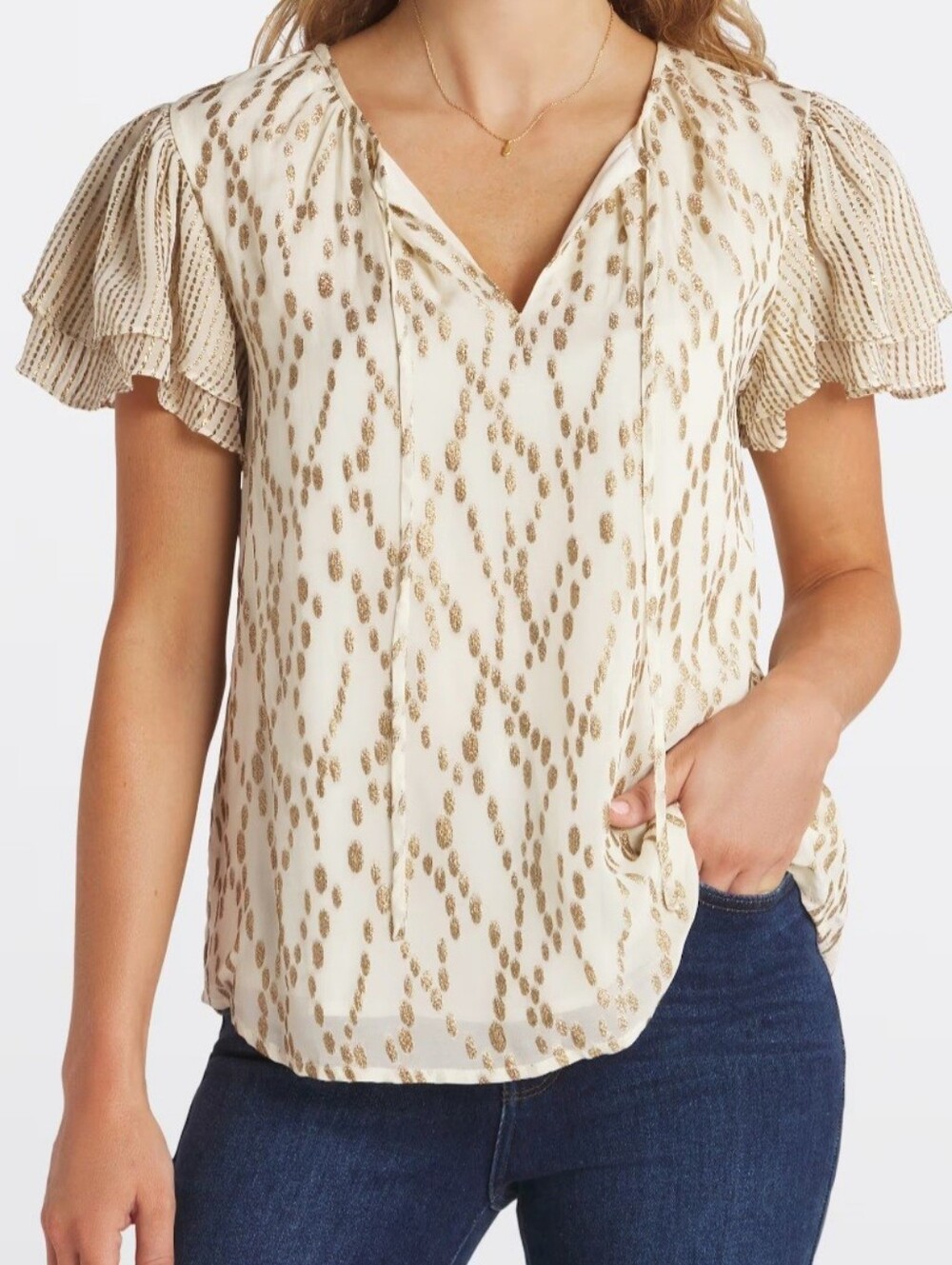 Vince Camuto Cream Blouse with Gold Dot Print